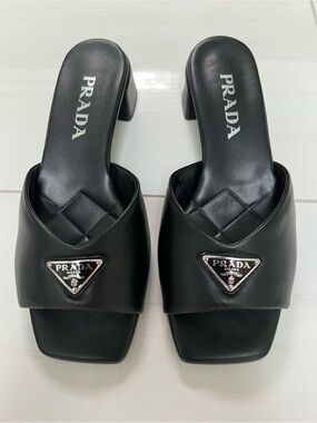 Prada Black Leather Square-Toe Block Heel Mules, Size 36.5